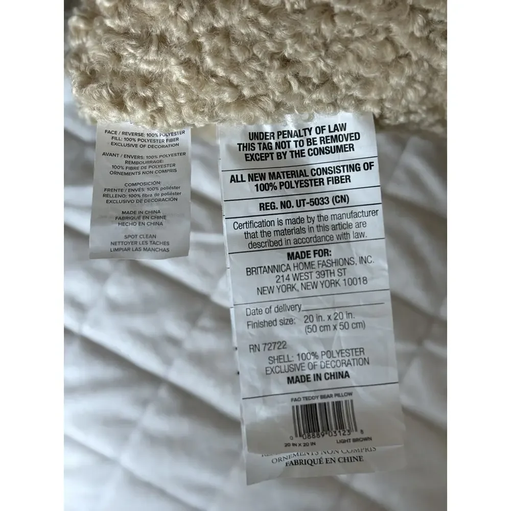 FAO SCHWARZ Brown Curly‎ Hair Teddy Bear Face Pillow NEW With Tags 20